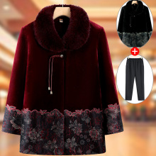 奶奶装毛领棉衣金丝绒中老年人冬装女棉袄加绒加厚老人衣服中长款