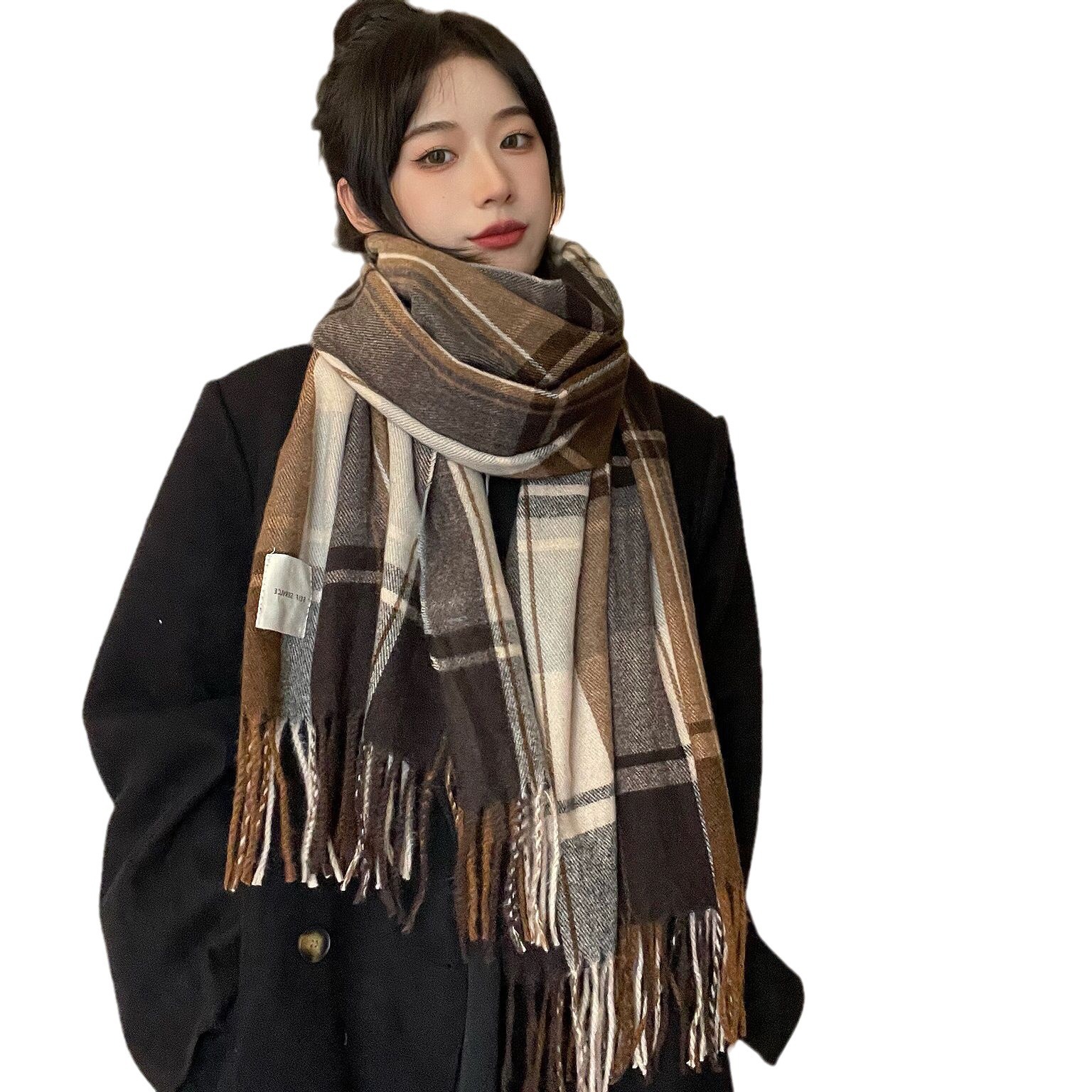 Bufanda borla invierno de las mujeres de alto grado estilo coreano pareja versátil 2023 nuevo chal a cuadros Comercio exterior bufanda transfronteriza