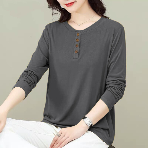 Women's Loose Fitting Crew Neck T-Shirt with Button - New Fall Collection, Large Size, Casual and Literary Style, Long Sleeve Top, Trendy and Slimming