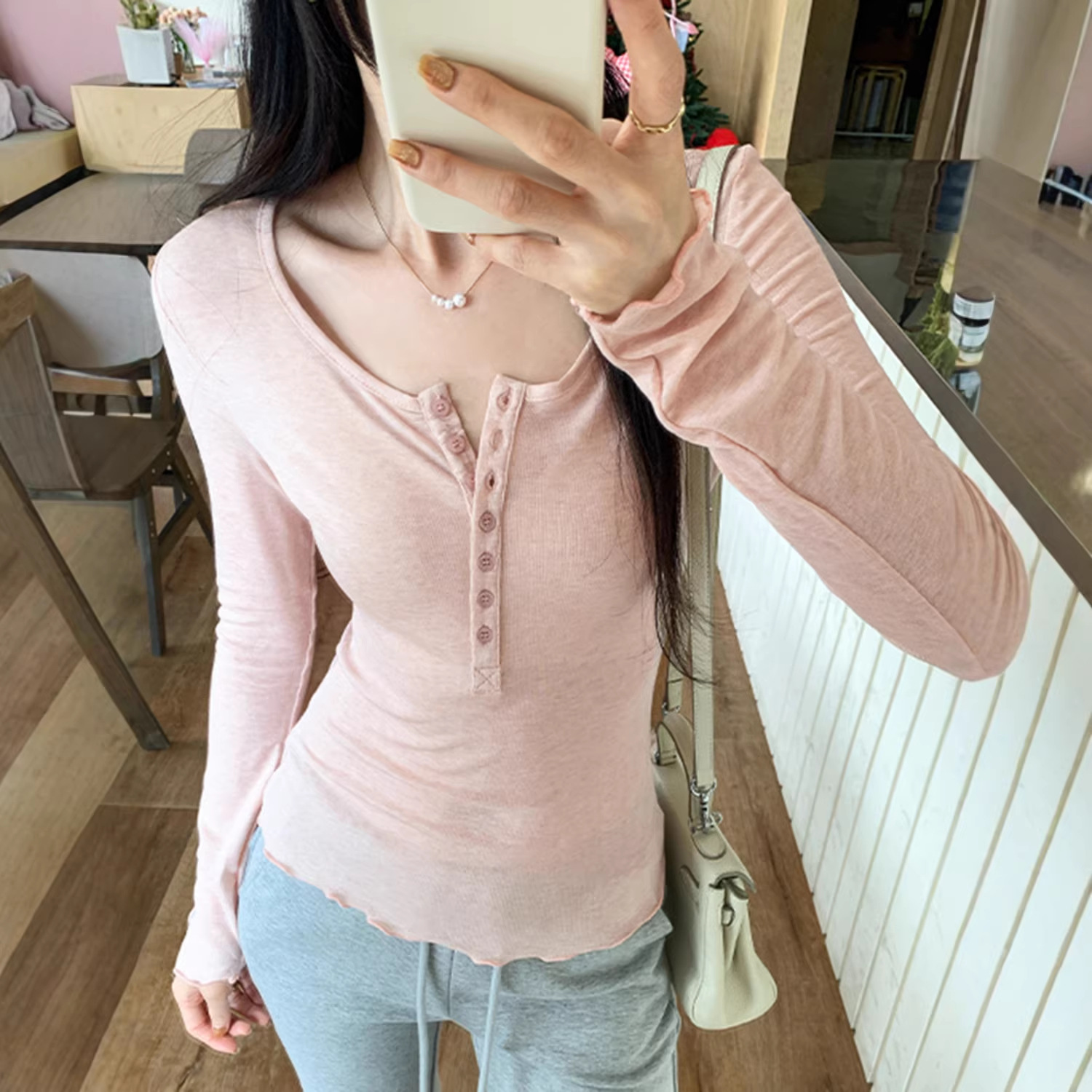 Lyocell Tencel Wool Pink U-Neck Base Layer T-Shirt for Women, Autumn and Winter 2025 New Slim-Fit Long-Sleeve Inner Top