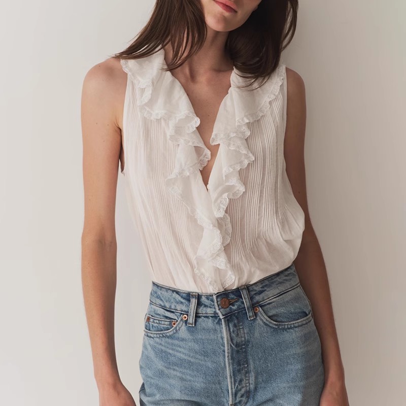 Niche 2025 Summer New Pure Color Lace Splicing Ruffle Collar Top Loose and Versatile Sleeveless Shirt for Women