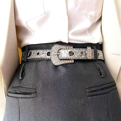y2k rhinestone belt pin buckle porous niche design ladies ins style hot girl trendy American retro super flash belt
