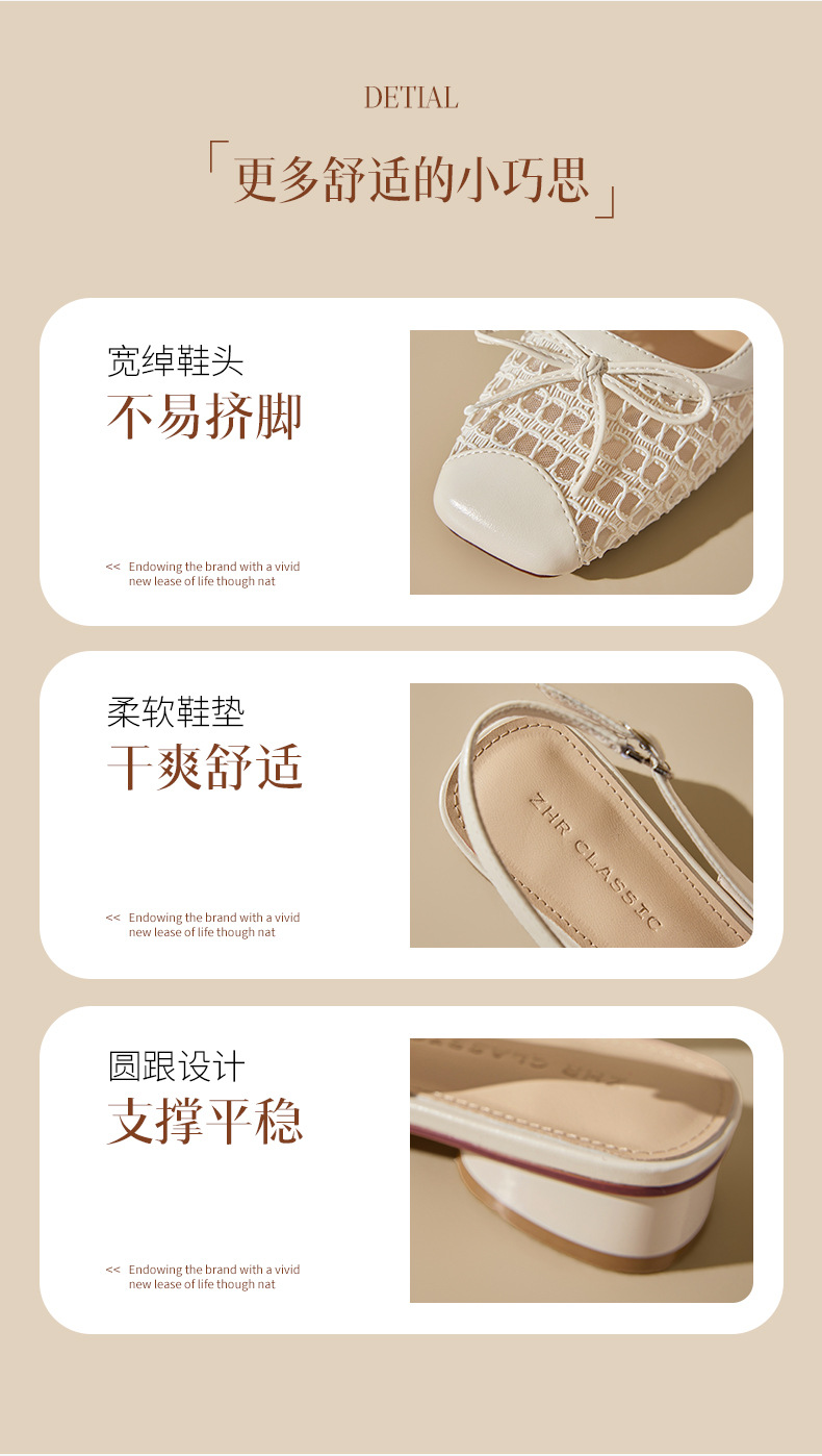 Sandal nữ mũi tròn quai ngang nơ bướm cổ điển, gót thấp thoáng khí — CV21 Bạc chi tiết 10