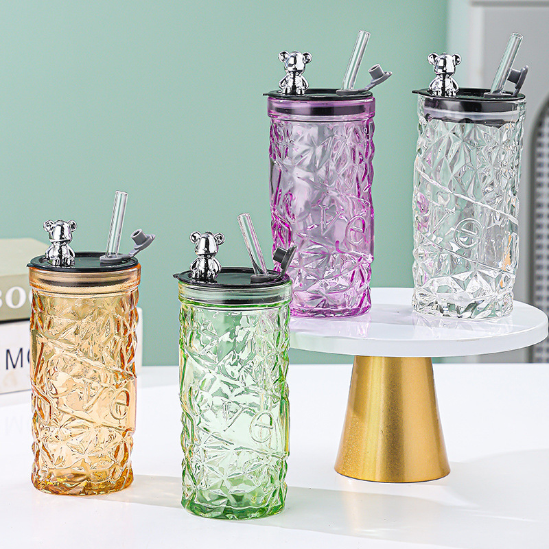 Wholesale Diamond Bear Glass Cup with Straw, Ins-Style Large-Capacity Water Cup, High-Value Cute Gift Cup