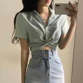 韩国chic夏季法式小众设计感上衣显瘦露脐短款衬衫女短款露脐T恤