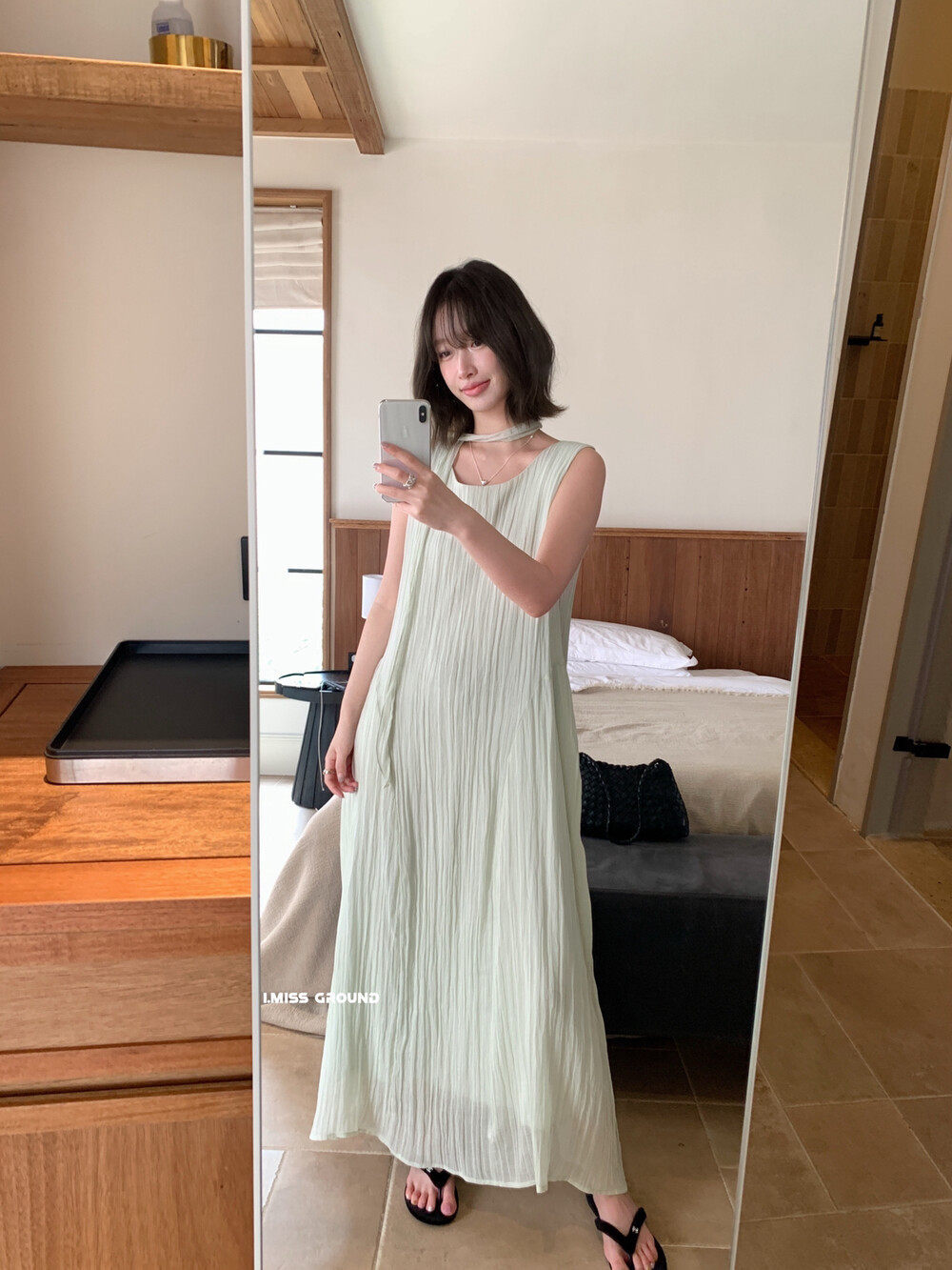 Đầm maxi nữ không tay chất liệu Tencel phong cách nghỉ dưỡng Hàn Quốc — trắng sữa, Bột cam, xanh lá cây chi tiết 3