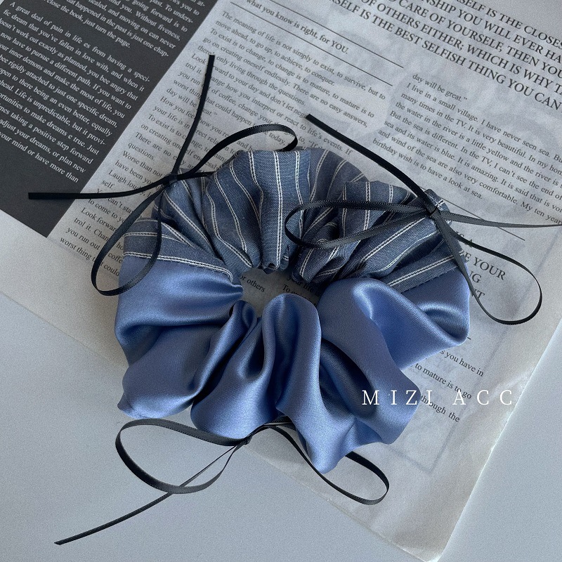 韩国高级感蓝色刺绣蝴蝶结条纹大肠发圈简约时尚马尾头饰百搭发饰