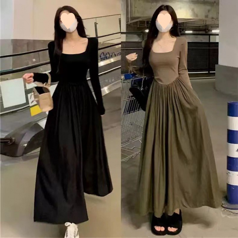 Large size autumn new French waist-hugging skirt, fat belly-covering, slim long sleeves, black dress for women, slightly fat long skirt