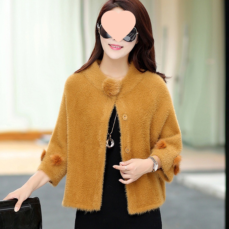 短款七分袖针织衫开衫女秋冬新款加厚仿水貂绒毛衣宽松毛绒外套女