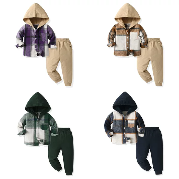 European and American Kidsren's Single-Breasted Hooded Long-Sleeved Plaid Top Casual Pants Two-Piece Spring & Fall Kidsren's Suit Set