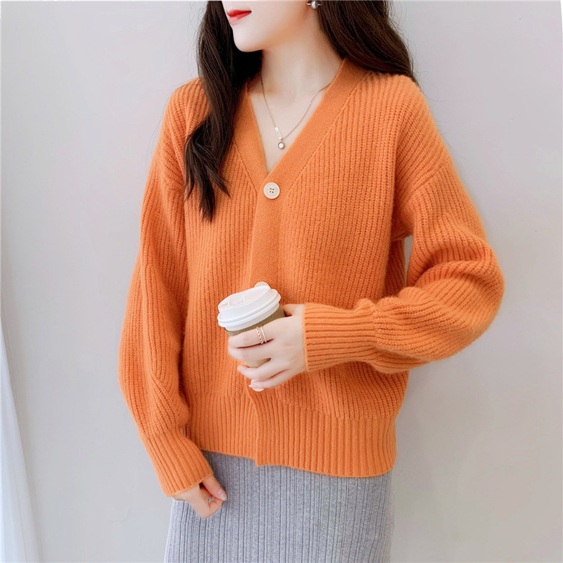 French V-Neck Candy Color Long Sleeve Cardigan Women's Loose Knit Sweater Coat Casual Elegant Outerwear_ecoleips.com