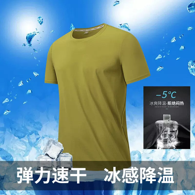 夏季冰丝密丝特透气短袖t恤冰感圆领纯色运动跑步男速干吸湿排汗
