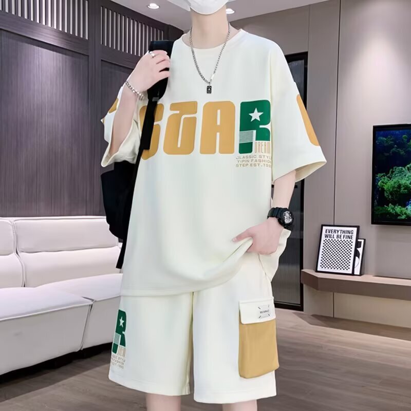 Summer Short-Sleeve Set for Men, Sporty Youth Student Trendy Brand 5-Point T-Shirt and Shorts Stylish Outfit Set Summer Short-Sleeve Set for Men, Sporty Youth Student Trendy Brand 5-Point T-Shirt and Shorts Stylish Outfit Set