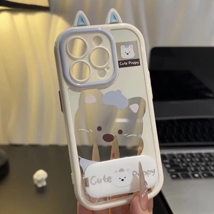 Suitable for Apple 17 Pro Max Protective Case with Mirror Stand, iPhone 16 Cute West Highland Puppy Phone Case 15