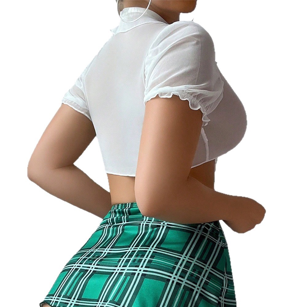 Aesthetisches Kariertes Set Mit Schlitz Rock Und Transparenter Wäsche_voghion.com