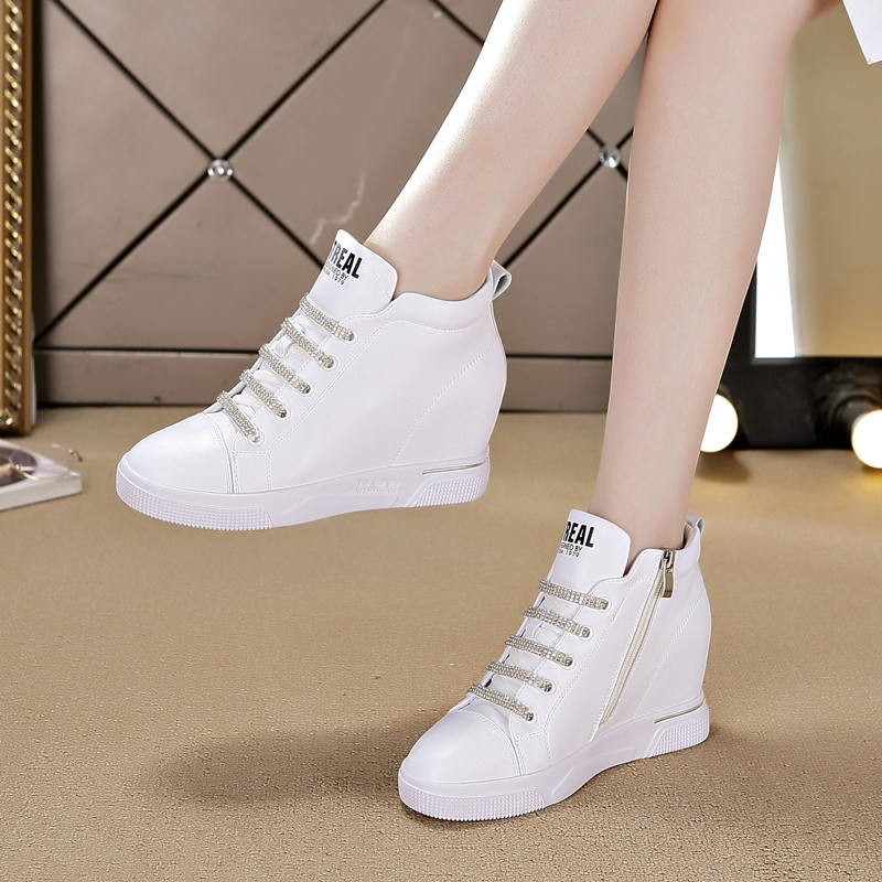 Inner Height-Increasing Women's Shoes 2025 Spring New Casual Shoes K-Style Versatile High-Top Shoes Side Zipper Wedge Sports Shoes