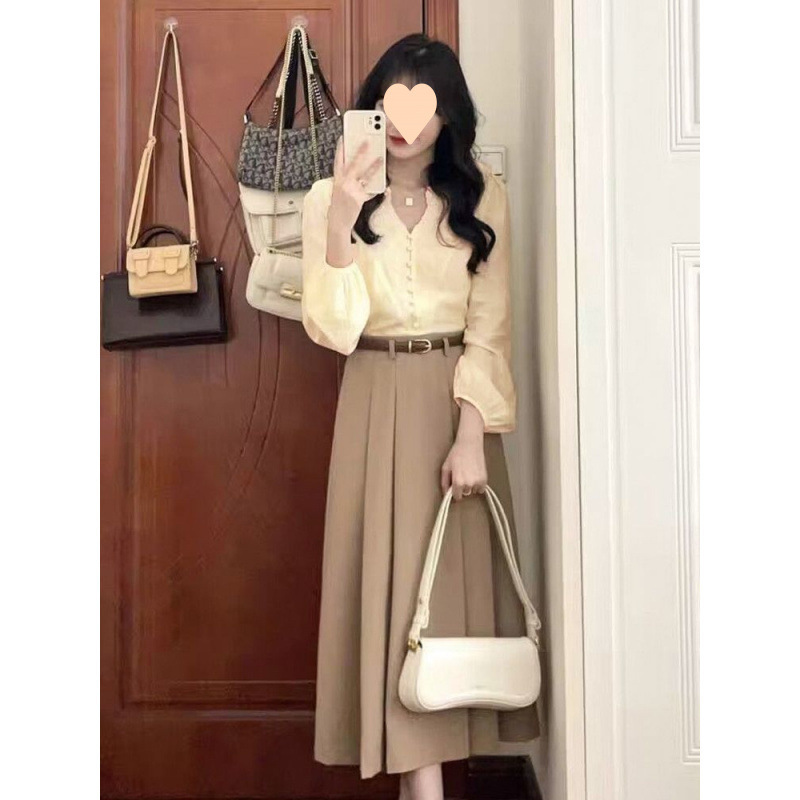 春秋温柔风气质领长袖衬衫+高腰中长半身字裙女显瘦休闲两件套|undefined