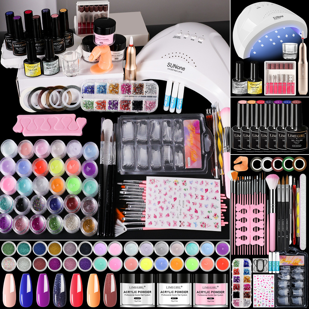 Set de manicura completo con polvo de cristal, líquido de cristal, apto para principiantes, ideal para abrir una tienda, gel de extensión, gel de fototerapia, set de pulido, opcional.