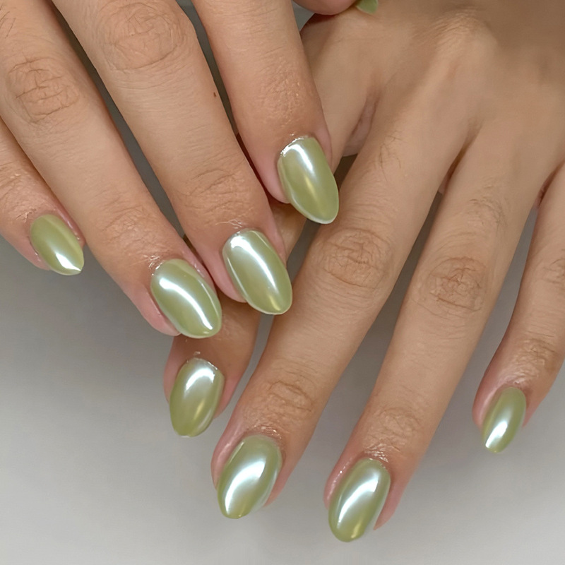 Daily Pure Desire Style Lime Green Electroplated Short Oval Press-On Nails, Brightening Effect, Solid Color Nail Art, 32 Pieces, Removable, Wholesale