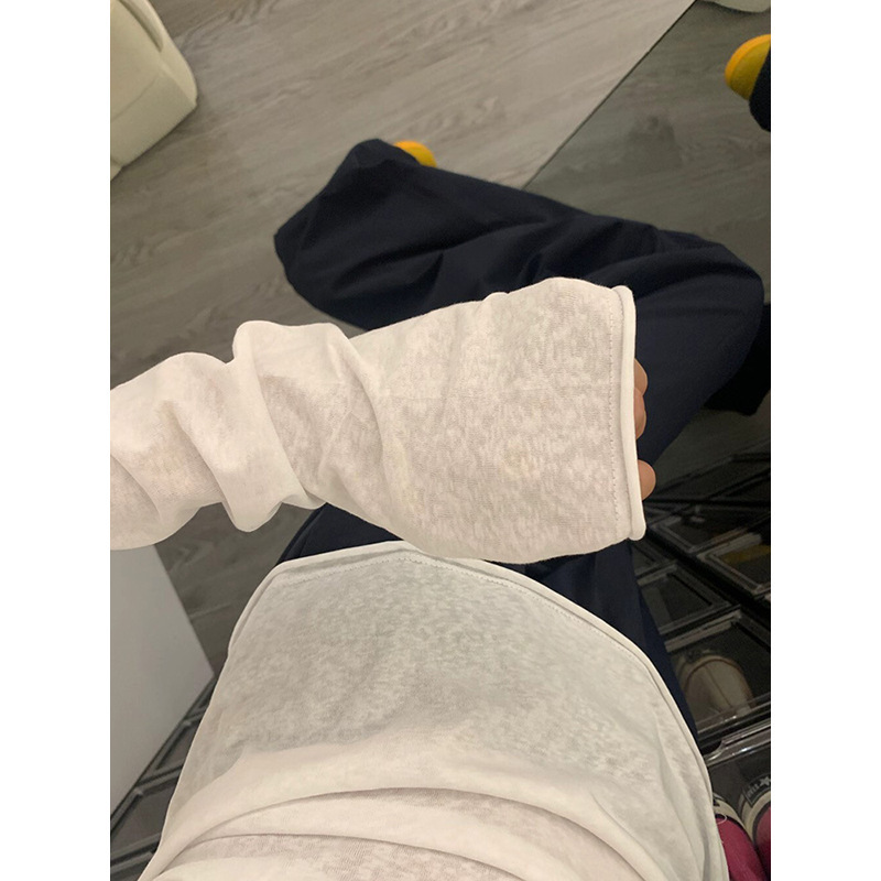 早秋季简约百搭白色T恤衫女薄款防晒罩衫chic卷边松弛感长袖上衣|undefined