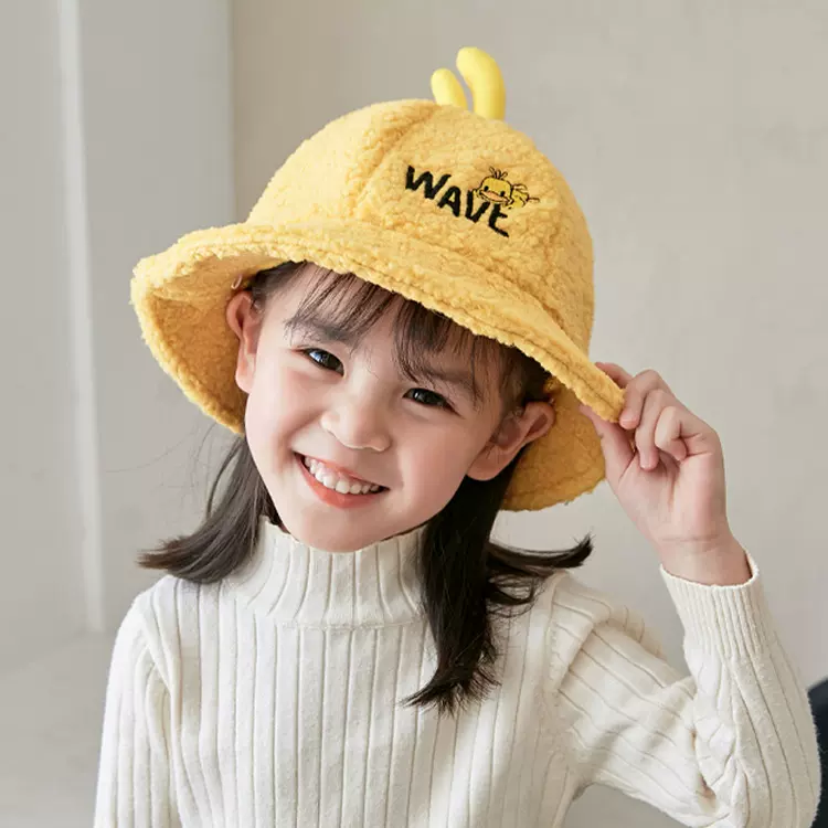 冬季新款儿童潮帽日系可爱卡通小鸭子刺绣渔夫帽韩版时尚保暖盆帽