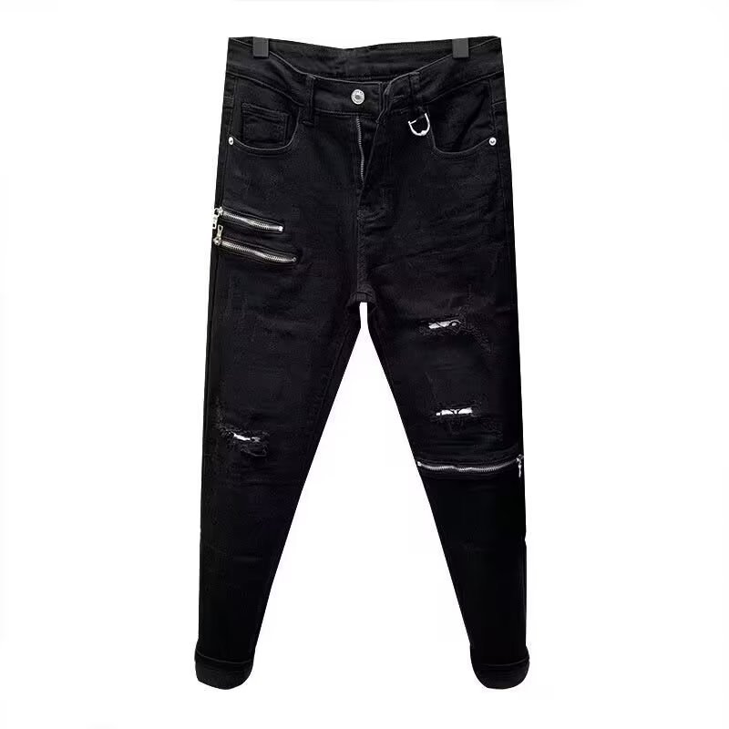 Douyin nuevos jeans con cremallera para hombre 2024 primavera moda estación europea slim-fit agujero guapo tendencia pantalones para hombre