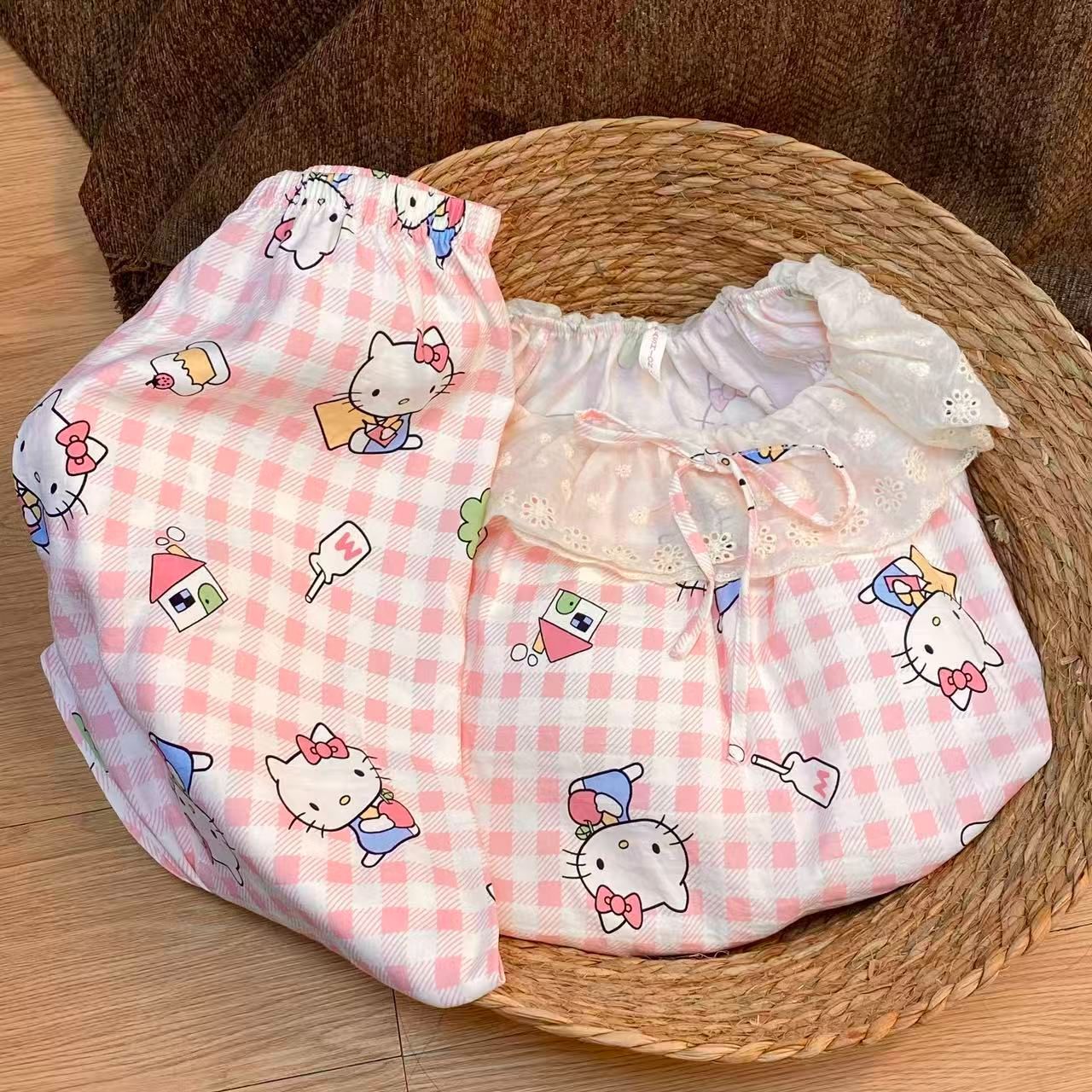 Al por mayor transfronterizo explosión con cojín de pecho primavera y otoño dulce nubes algodón pantalones de manga larga pijamas de niñas estudiantes set de ropa para el hogar