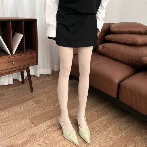 Spring and summer new ballet style wide striped thin pantyhose milk tea color vertical stripes hollow transparent milky white stockings