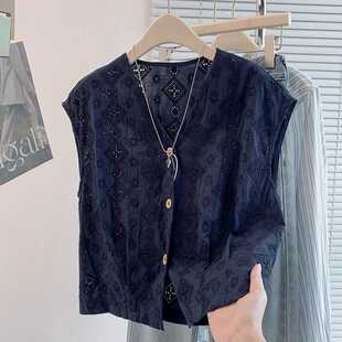Real Shot of High-End Korean Style Cut Out Crochet Embroider V Neck Vest Women's Summer Short Sleeveless Top