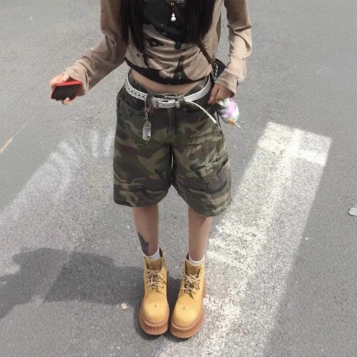 Vintage American Style Hot Girl Cowboy Camouflage Shorts for Women Summer Low-Waist Street-Rolling Straight Leg Military Green Work Pants Trendy
