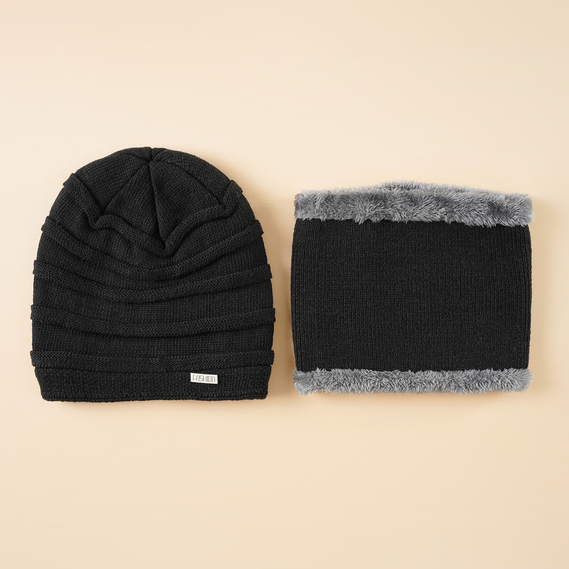 Sombrero de lana de invierno para hombre forrado de lana engrosado sombrero de color sólido bufanda de dos piezas cálido ciclismo cuello de sombrero de punto para hombres