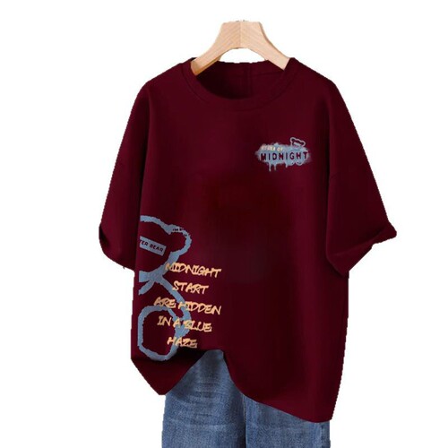 Slightly fat cover-up 100% pure cotton short-sleeved T-shirt for women 2025 summer large size loose round neck printed top trendy