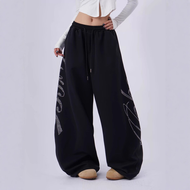 American Retro Autumn High-End Fashion Stylish Niche Design Casual Simple Rhinestone Elastic Waist Straight-Leg Pants