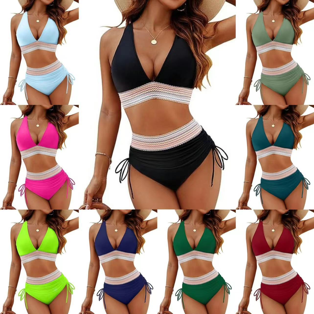 2026 Women's High-Waisted Bikini Set V-Neck Drawstring Adjustable Swimsuit Push-Up Amazon Bestseller Export