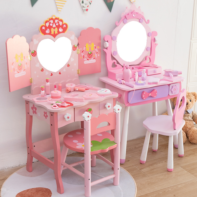 Tocador de simulación para niños, mesa de maquillaje de princesa, caja de joyería, juguetes de madera, juego de regalos de cumpleaños para niñas, casa de juegos