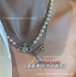 高版本薇薇安西太后别针珍珠项链女镶满钻土星链条锁骨链网红同款