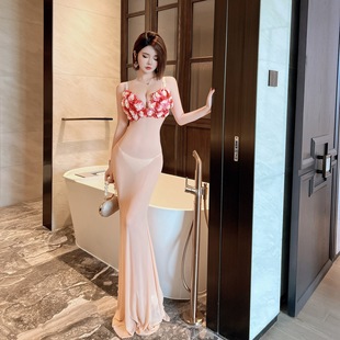 Sexy Women's Handmade Hot-Flowered Low-Cut Deep V Suspender Evening Dress Nightclub Jiali Mesh See-Through Fishtail Long Skirt