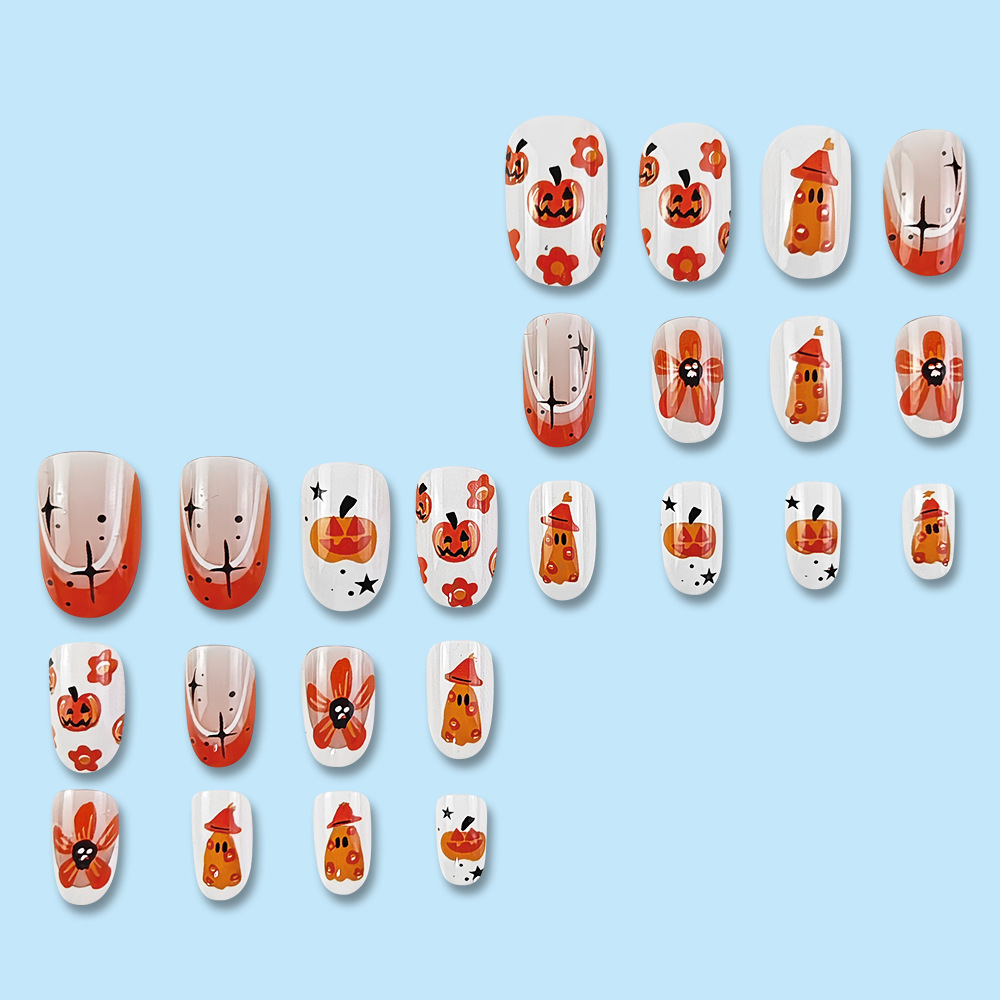 Europa y América venta caliente naranja borde de moda manicuras falsas flores de la noche estrellada manicuría manicuras calabazas Halloween usar uñas image 5