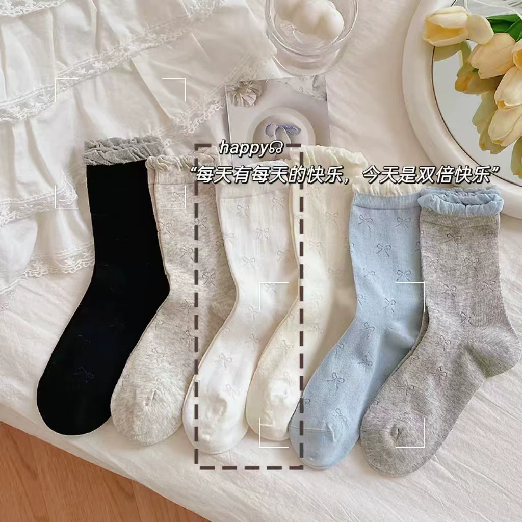 Тонкие японские гольфы с бантом, средней длины