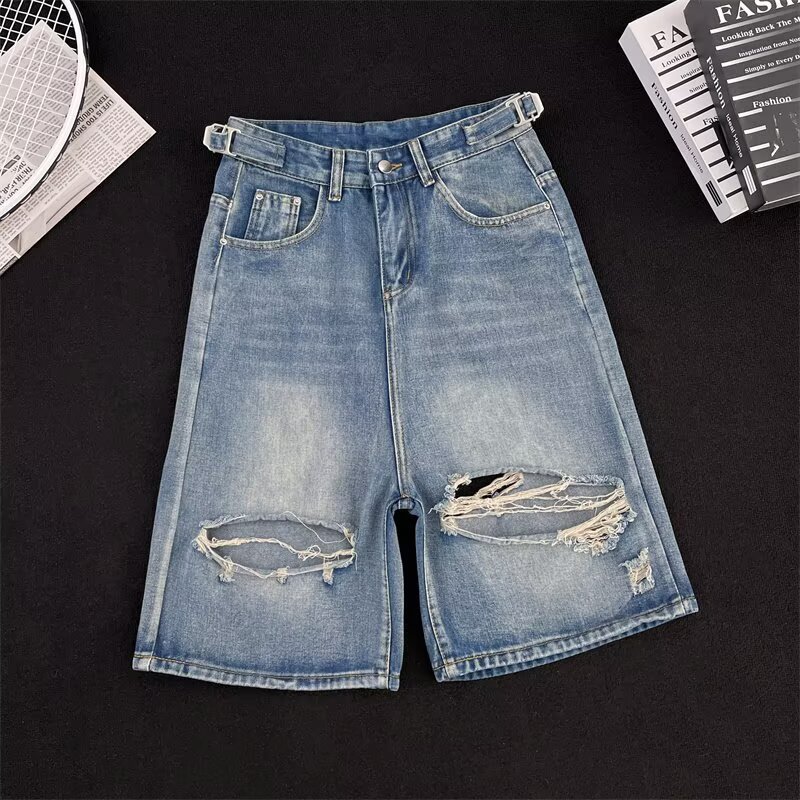 American Retro Ripped Denim Shorts for Men, Summer Japanese Style Trendy Brand, Cool Mid-Length Loose Straight Wide-Leg Knee-Length Shorts