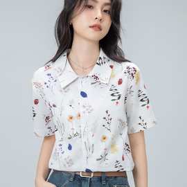 实拍百搭个性植物集花卉精棉衬衫女娘mam平衡贝壳翻领上衣女