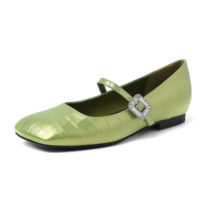 First layer cowhide Mary Jane shoes for women's inner height-enhancing single shoes new retro square head one-shaped buckle flat heel shallow mouth single shoes