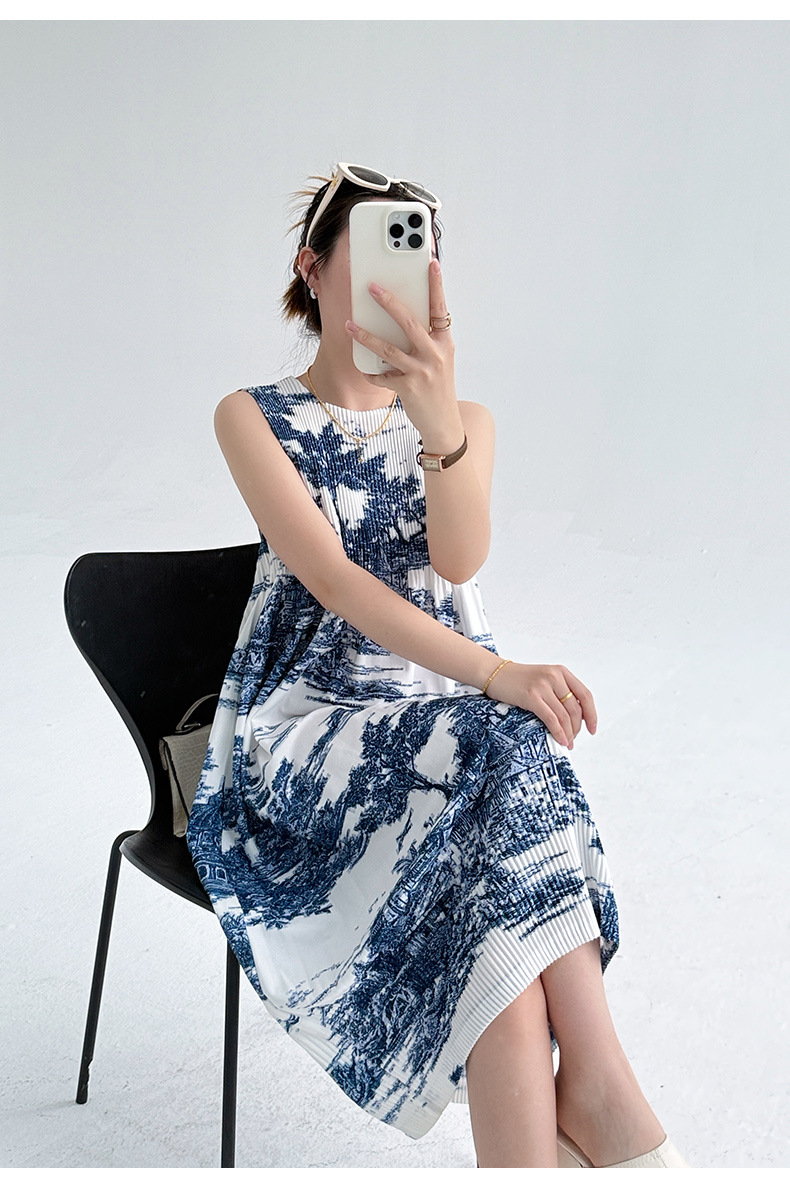 Váy maxi nữ in hoa sứ trắng xanh thắt eo phong cách Trung Quốc — Màu sâm panh chi tiết 17