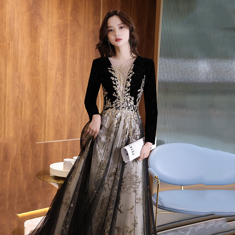 French-Style Black Evening Dress 2026 New Model Socialite Slim-Fit Long-Sleeve Fairy-Like Dress Host Banquet Evening Dress
