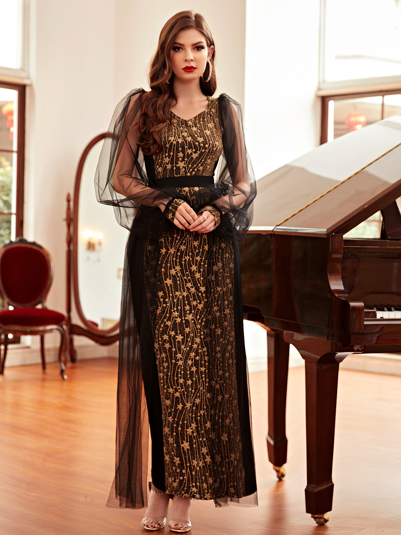 High elastic gold jacquard knitted mesh sleeves design dress long skirt party dress_autovado.com