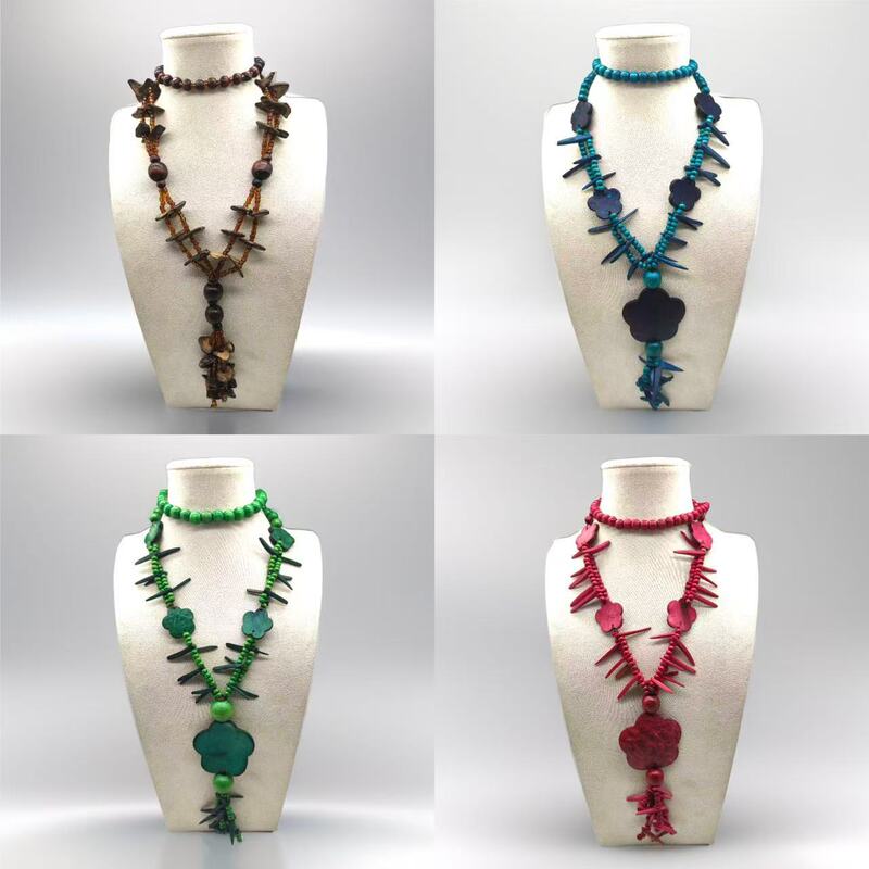 New Bohemian Style Water Drop Y-shaped Necklace Wooden Beaded Woolen Chain Retro Ethnic Style Long Necklace for Women