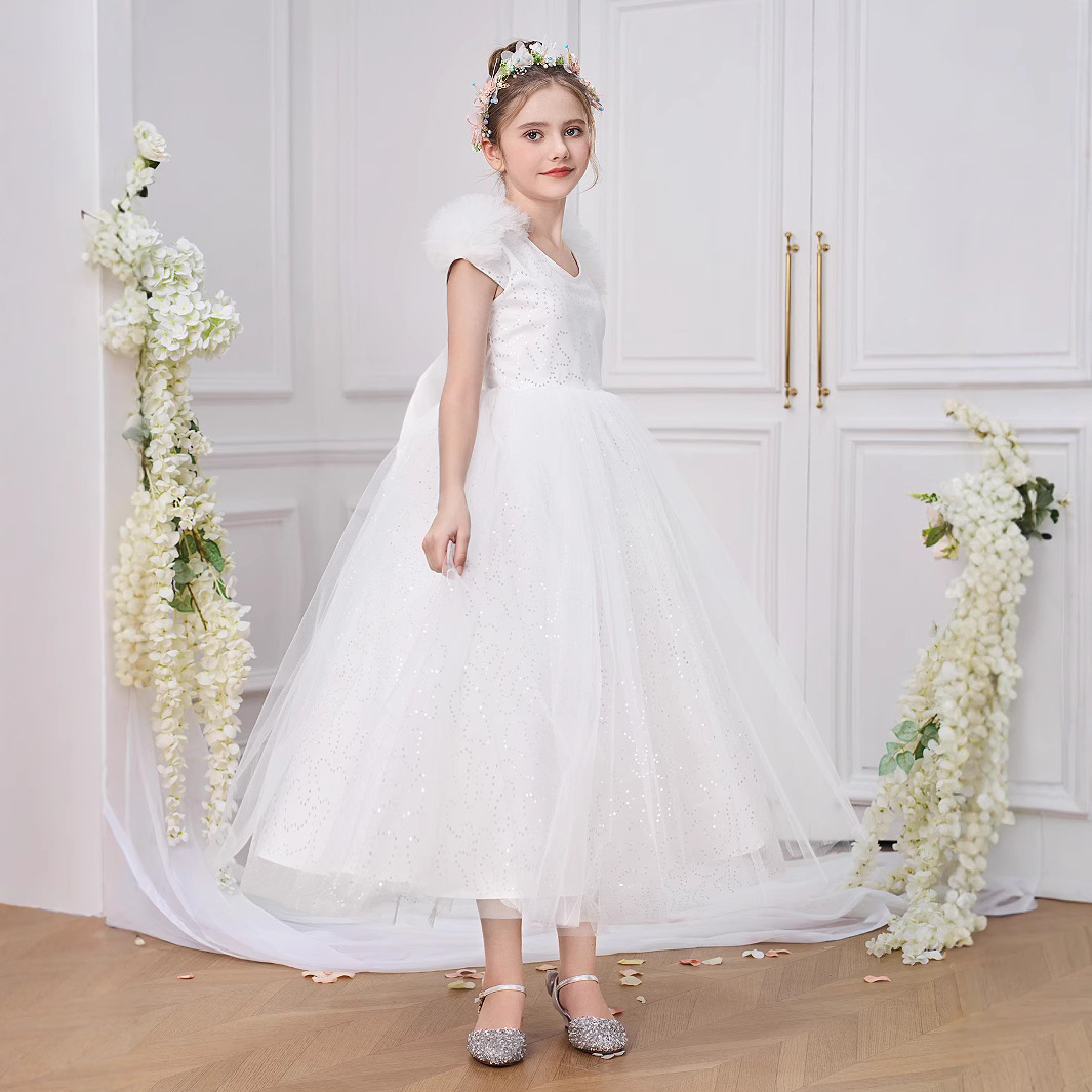 Nuevo vestido transfronterizo, vestido de princesa, manga abullonada, vestido de fiesta para niñas, vestido de actuación, vestido de falda de gasa hinchada con lazo