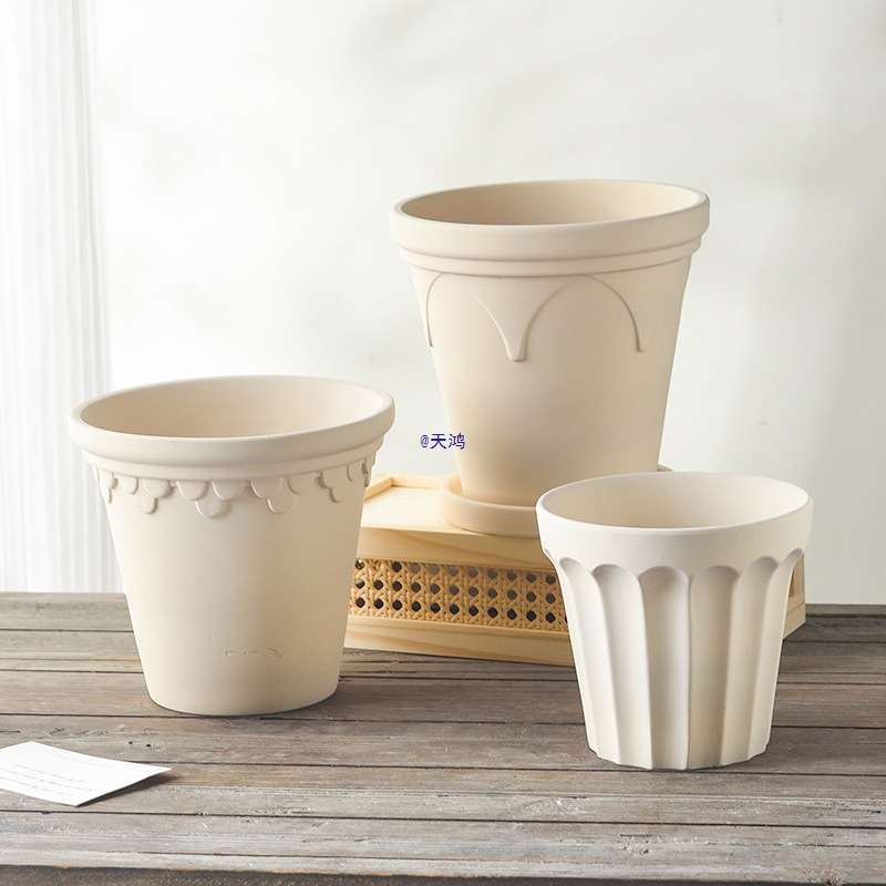 奶油风米白色陶瓷浮雕花盆大号绿植陶土花盆庭院阳台简约透气花盆