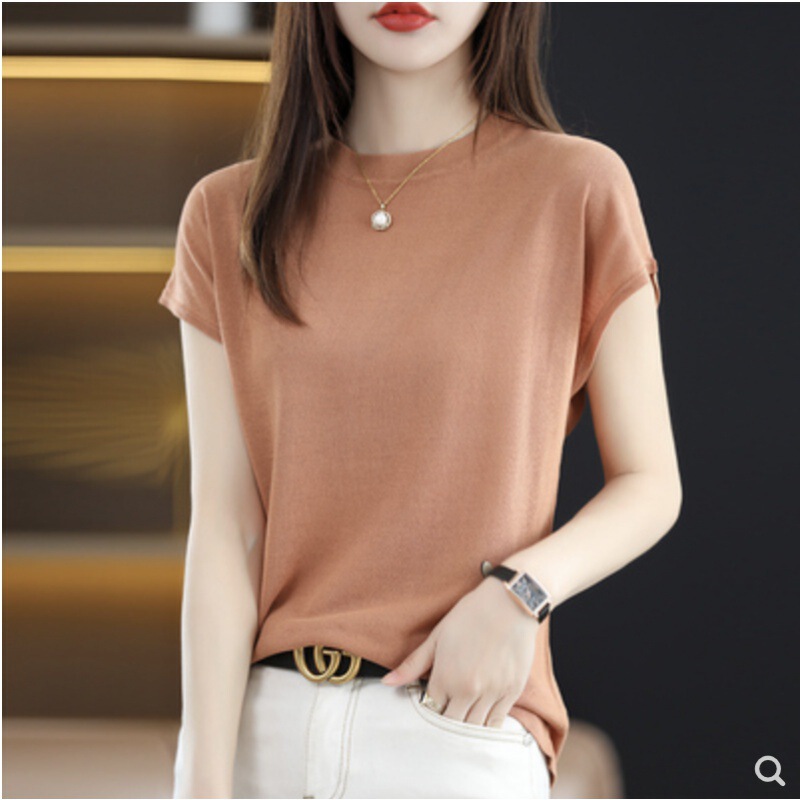 Short-sleeved T-shirt Women's 2022 Summer New Semi-high Neck Knitted Shirt Ice Silk Linen Loose Inner Top Base Short-sleeved T-shirt Women's 2022 Summer New Semi-high Neck Knitted Shirt Ice Silk Linen Loose Inner Top Base