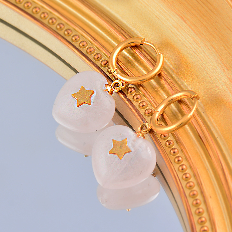 Fashion Heart Shape Titanium Steel Natural Stone Earrings 1 Pair